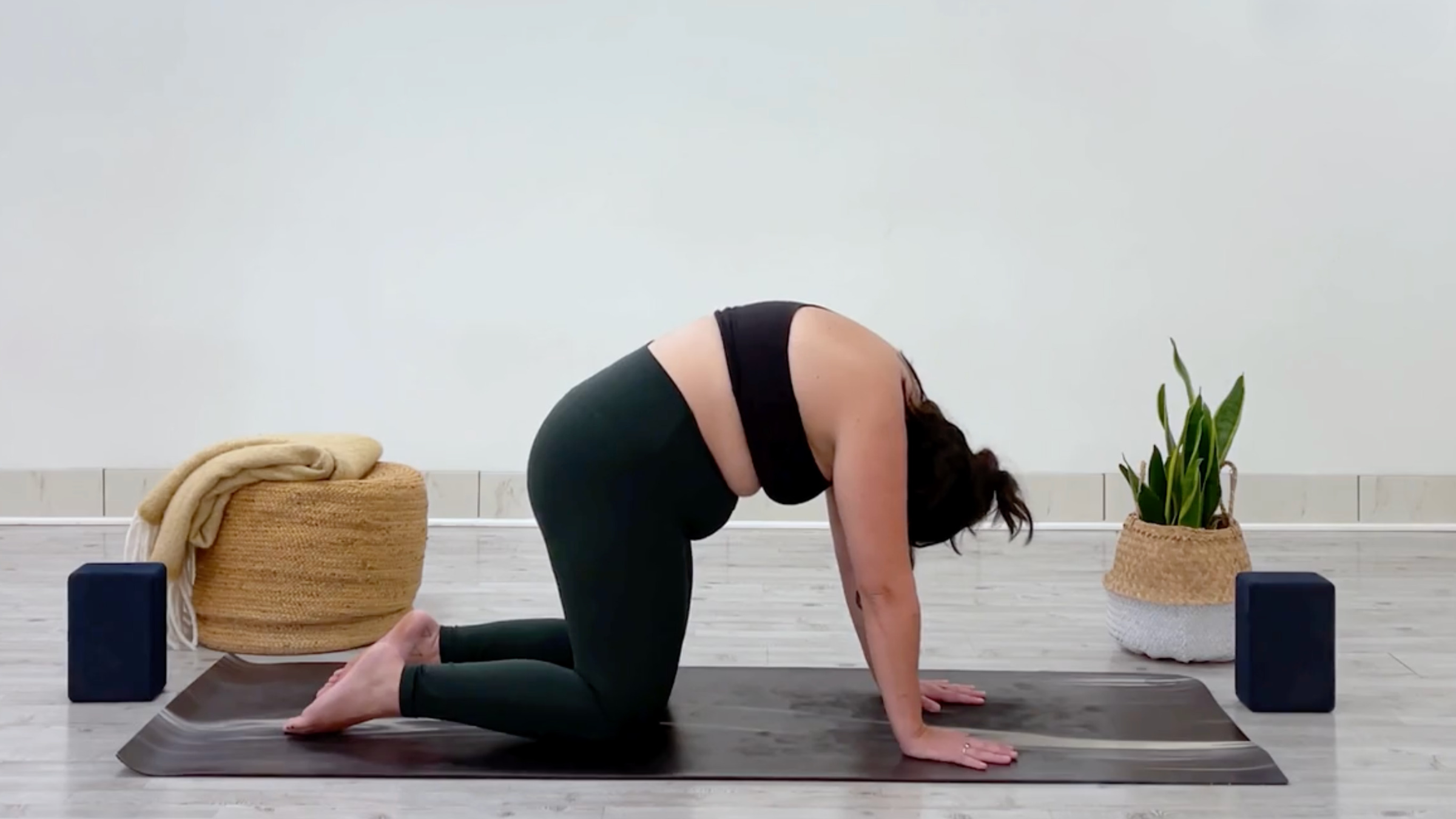 Yoga teacher Taylor Lorenz in Cat Pose, Marjaryasana in Sanskrit, part of her yoga for balance practice